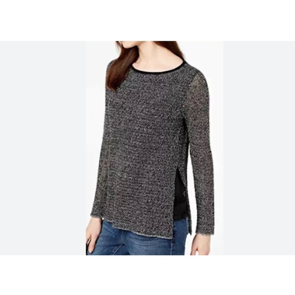 Eileen Fisher sweater small black white high side slit crew neck organic linen b